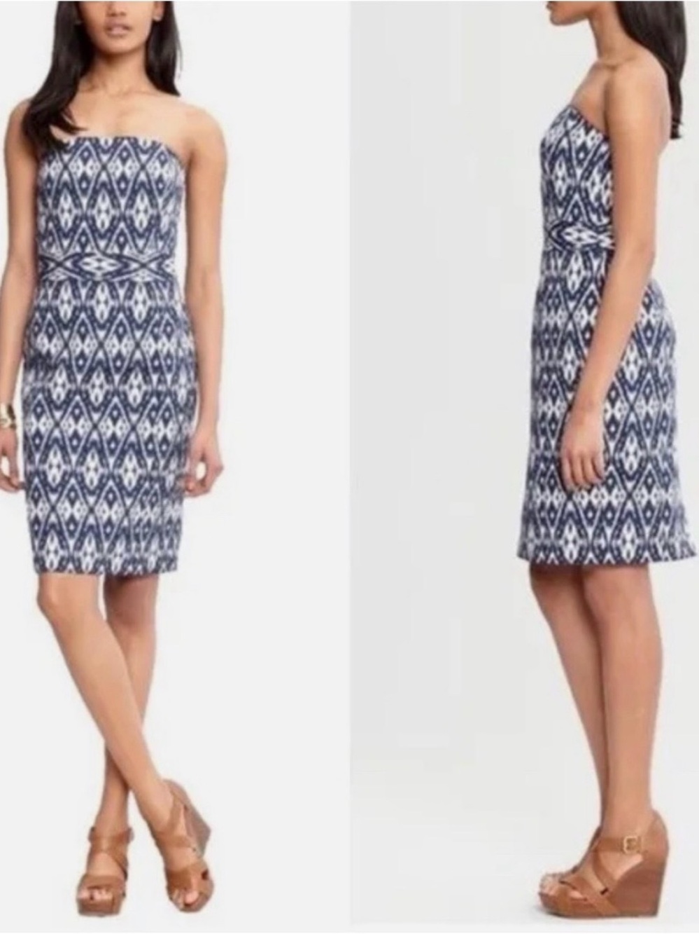 Banana Republic Strapless Navy and White Ikat Sheath Dress
